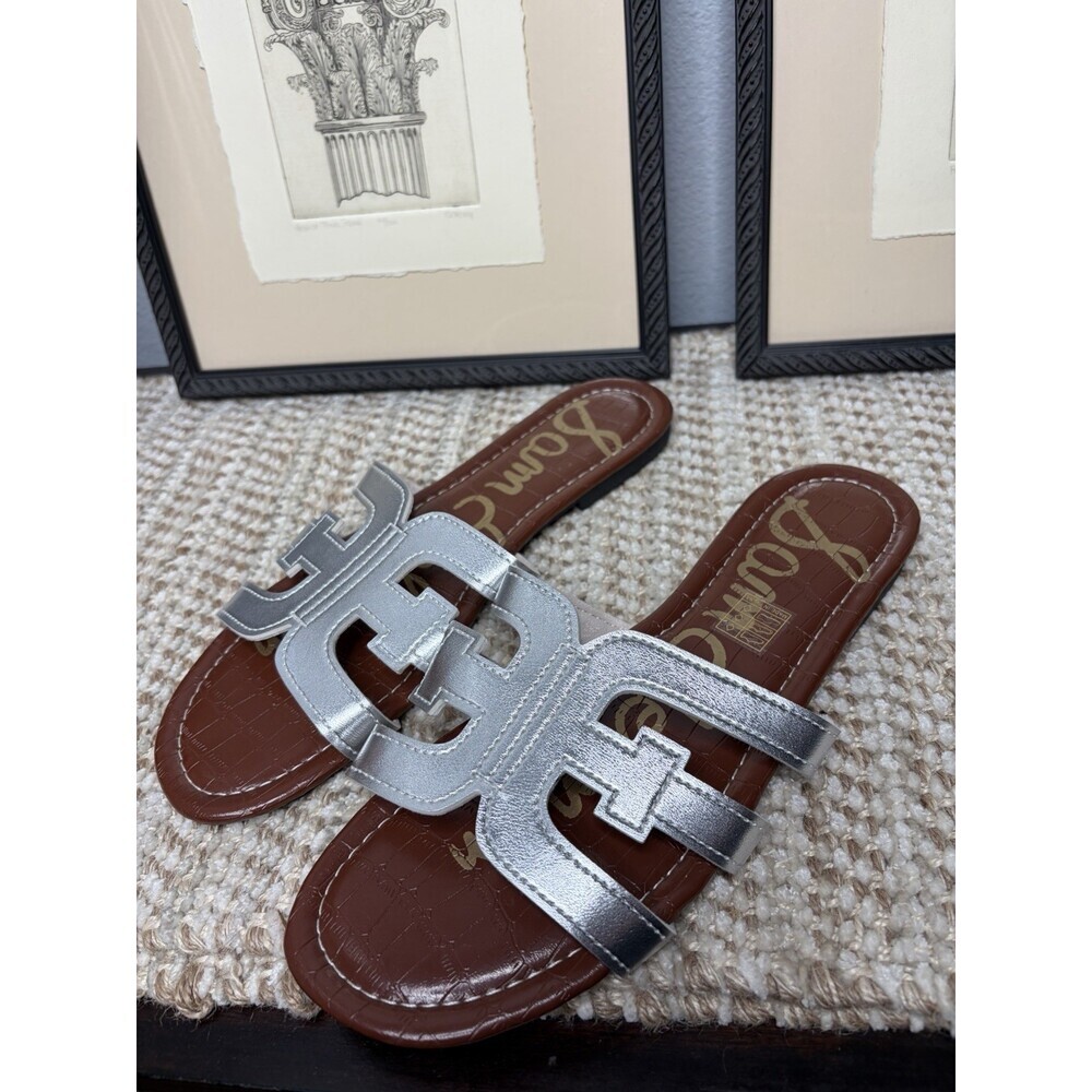 Sam Edelman Bay Slide Sandals Metallic Silver Leaf Leather Shiny EU43 - Picture 3 of 5